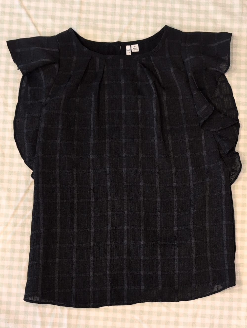 Women's Black Plaid Ruffle Sleeve Blouse